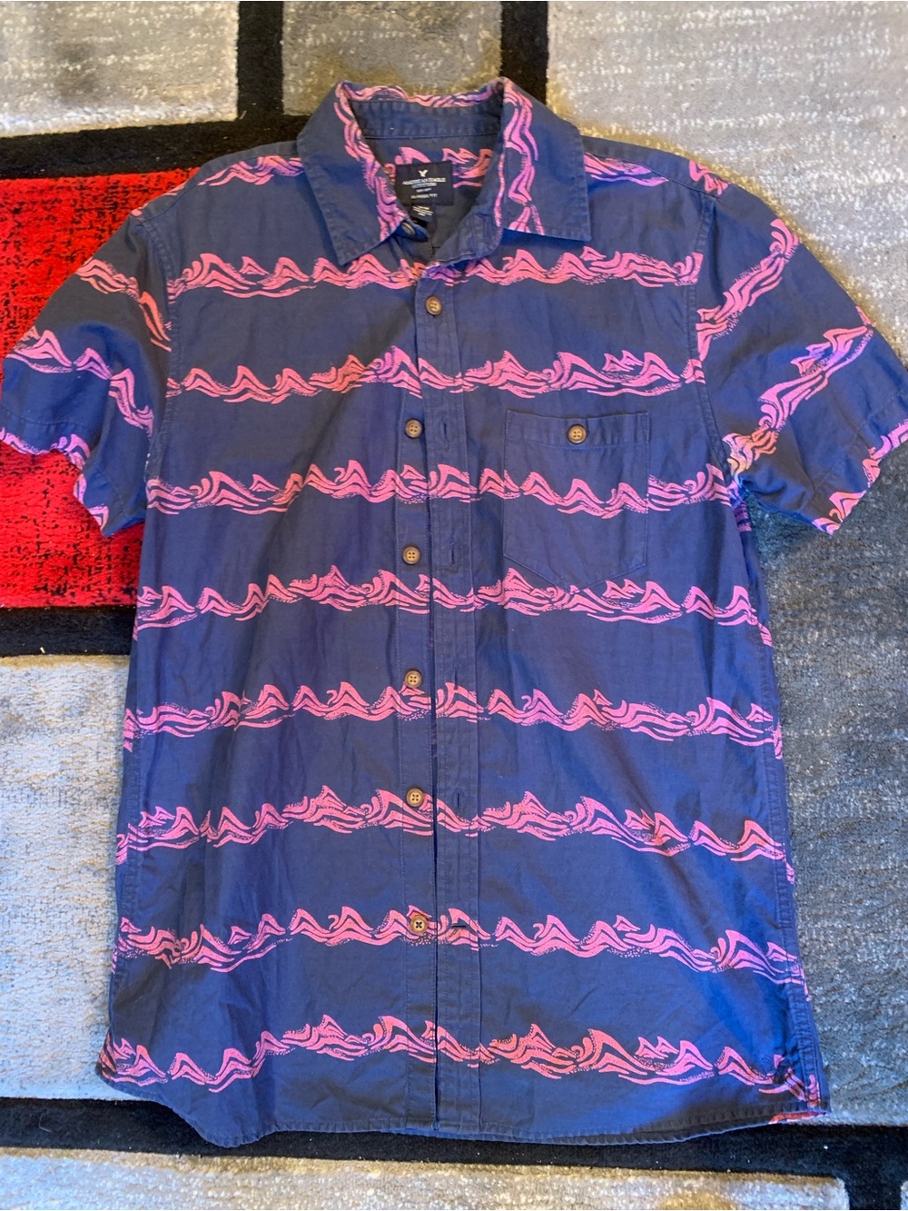 American Eagle Outfitters Navy Button-Down Shirt with Pink Wave Print